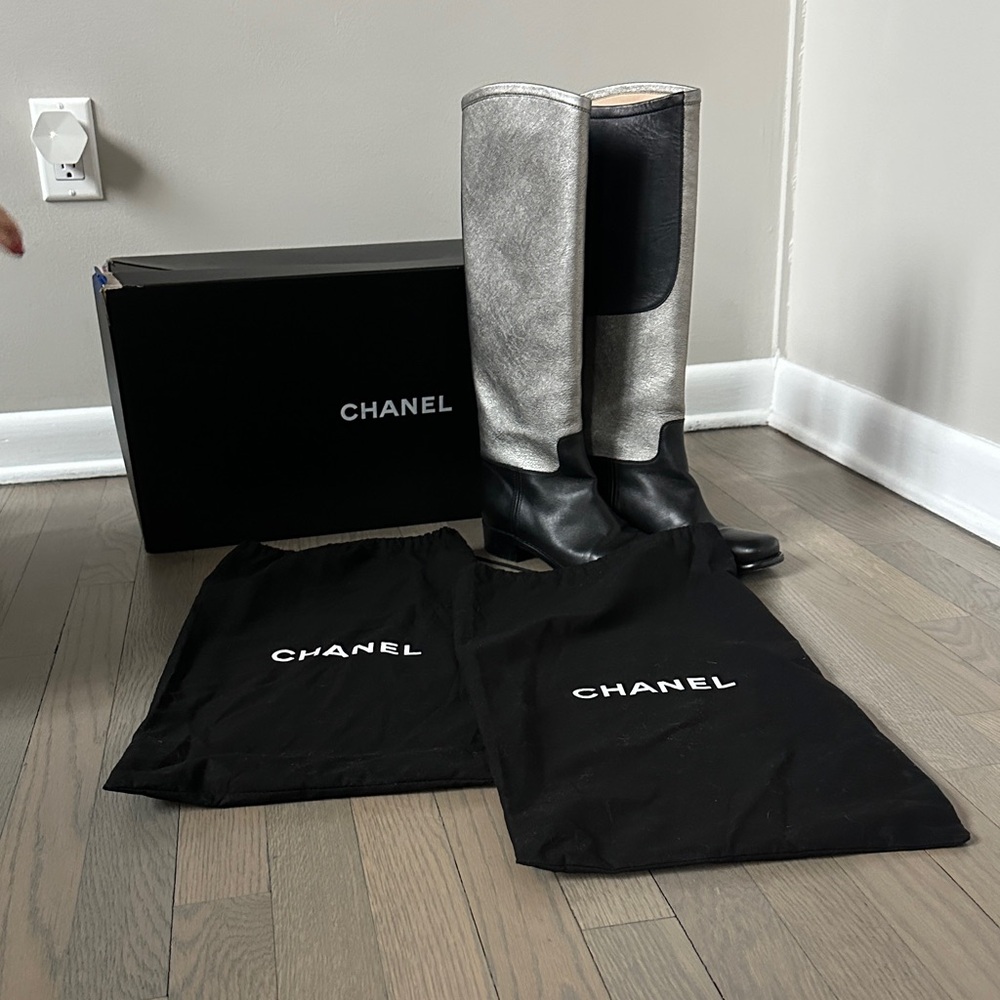 CHANEL Black and Silver Combat Boots